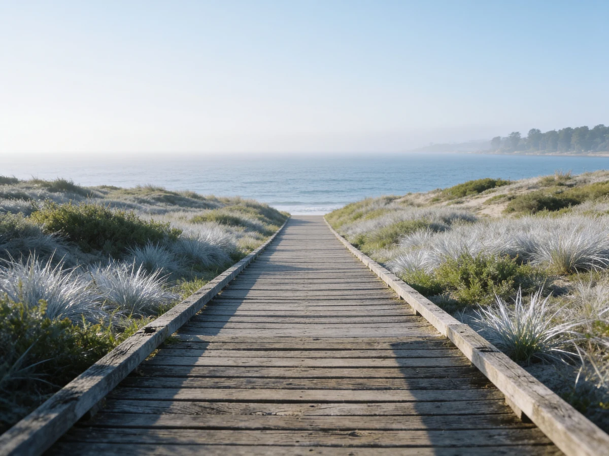 An open timber boardwalk leading through coastal dunes to a calm morning sea