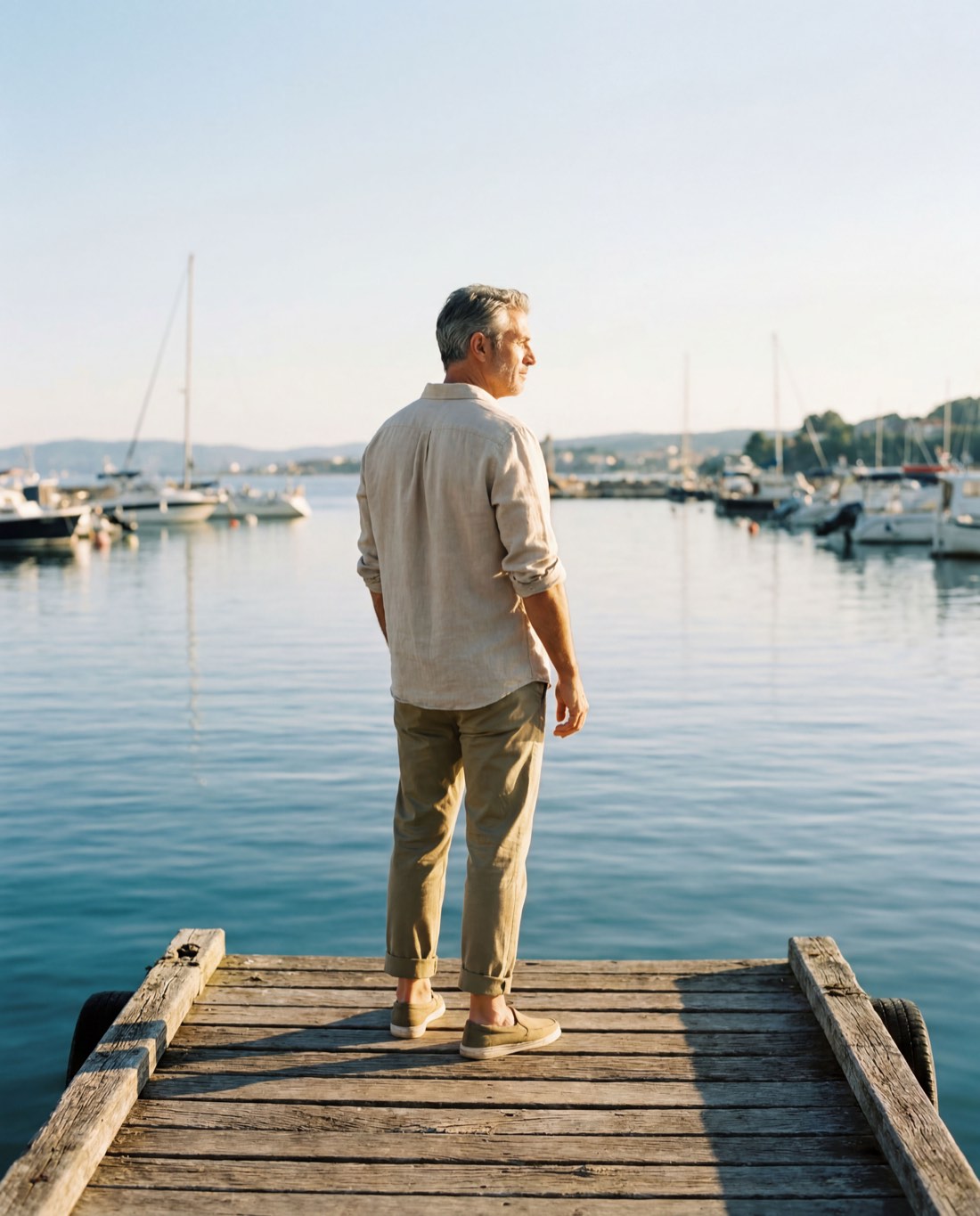 A financial adviser in linen stands at the end of a timber jetty, looking out over a calm harbour of moored boats